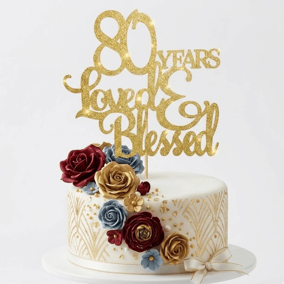 1pc 80th Birthday Cake Topper, Gold Glitter "80 Years Loved & Blessed" Cake Decoration For Anniversary Party, Elegant Birthday Party Supplies - Multicolor - View 1