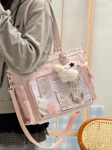 1件日系軟妹清新百搭女款單肩包，高品質尼龍材質搭配滿版星星印花，蕾絲飾邊增添優雅細節，2D JK 動漫展 DIY 透明裝飾包，雙側口袋附透明層，大容量休閒托特包，適合學生攜帶書籍上課，可愛甜美風格女包，防水尼龍面料，可用於展示動漫周邊、參加漫畫展、購物、派對與旅行的 Ita Bag - 粉色 - 查看 5