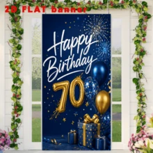 2D Flat Flags, 70th Birthday Theme Banner Background, Navy Blue Background With Gold And Blue Balloons, Fireworks, And Gift Boxes Elements. Made Of Polyester Material, Easy To Hang And Simple To Operate. - 1 - View 6