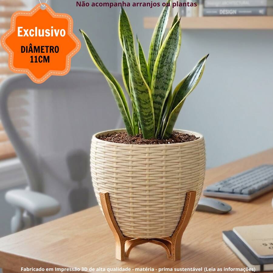 Vaso Cachepot Pequeno de Mesa Cesto 2  - Creme com Suporte Cobre - Referência de Tamanho Pote 11