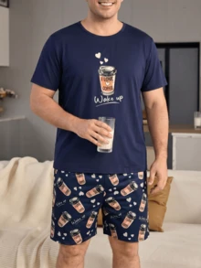 Plus Size 2pcs Men's Pajama Set, Casual Short Sleeve & Shorts Loungewear With Coffee Cup Print - Multicolor - View 1