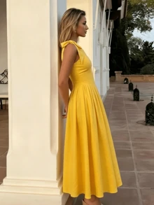 Summer New Retro Style Sleeveless Dress For Women, Elegant French Temperament, Socialite Style, Daily Lightweight Dress, Commuting Date Dress - 黃色 - 查看 2