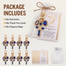 20 Sets Christian Baptism Favors, Elegant Rhinestone Cross Keychain With Virgin Mary Pendant, Prayer Thank You Cards And Organza Bags, First Communion Baptism Return Gift Set, Christian Baby Party Supplies, Back To School Party, Party Supplies - Blue - View 4