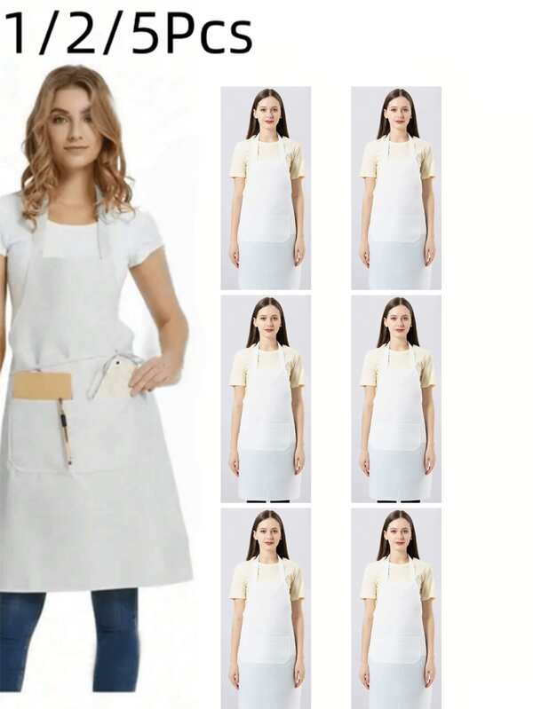 1/2/5pcs Set, Women Polyester Apron, Minimalist White Apron With Pocket, Thickened Waist, Fashionable Housework Kitchen Uniform, Kitchen Supplies
