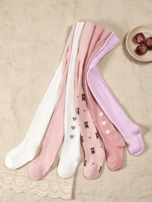 6 Pairs Girls' Knitted Tights, Cartoon Bear & Heart Pattern, Skin-Friendly & Breathable, Spring/Autumn Socks - Multicolor - View 2