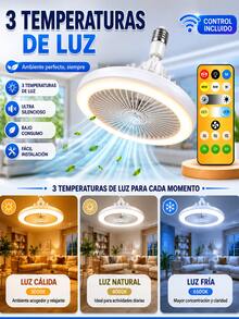 Ventilador de Techo con Luz LED Alto Flujo de Aire Abanico 3 Modos de Iluminación Luz Cálida, Neutra y Fría Diseño Ergonómico Viento Refrescante  para Combatir el Calor Silencioso Socket Universal Luz Ajustable Eficiente Ideal para el Hogar - Blanco - Ver 2