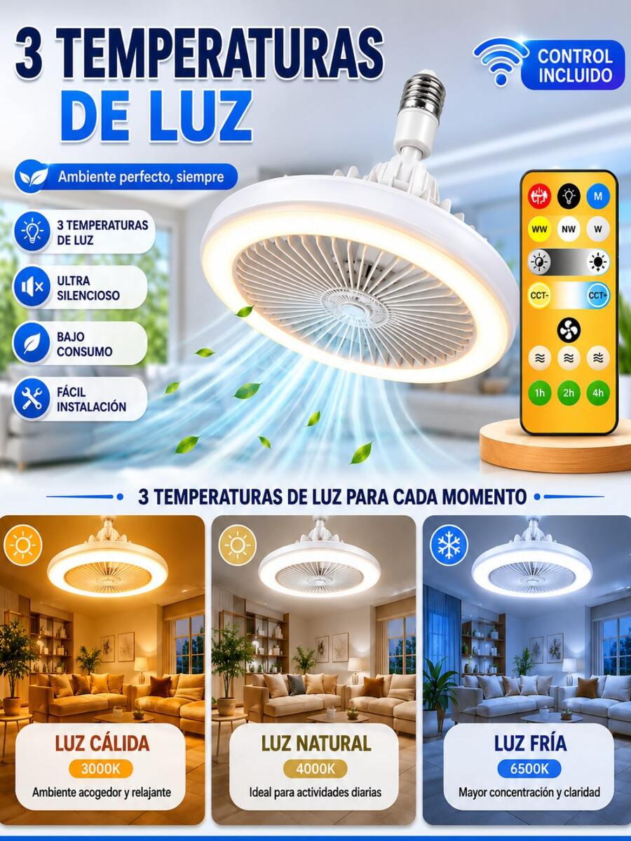 Ventilador de Techo con Luz LED Alto Flujo de Aire Abanico 3 Modos de Iluminación Luz Cálida, Neutra y Fría Diseño Ergonómico Viento Refrescante  para Combatir el Calor Silencioso Socket Universal Luz Ajustable Eficiente Ideal para el Hogar