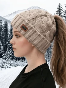 1 pièce Bonnet tricoté ouvert pour femmes, automne/hiver, élégant, polyvalent, coupe-vent, chaud, doublé thermique, grande circonférence de tête, convient pour le port quotidien en extérieur - Multicolore - Voir 2