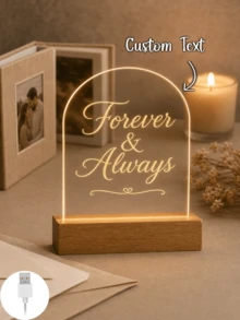 1件個性化拱形壓克力LED小夜燈，可客製文字，Forever & Always Love 牌飾搭配溫潤木質底座，浪漫情侶紀念燈，週年紀念、婚禮、情人節禮物，USB供電，臥室床頭櫃家居裝飾 - 多色(款式3) - 查看 4
