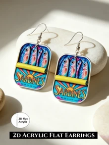 2D Flat Fun Summer Ocean Sardine Can Earrings, Acrylic Dangle Earrings - Vintage Fun Fish-Shaped Drop Earrings, Niche Ocean Style Jewelry, Creative Summer Gift - Canned Sardines - View 3