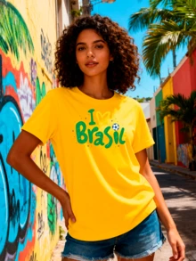 Camisa Masculina Básica Confortável para o Dia a Dia Copa Futebol Brasil Blusa Unissex Masculino 100% Algodão Premium Streetwear Envio Imediato Varias Cores!! Plus Size - Amarelo - Visão 1