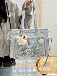 1件日式軟妹清新百搭女款單肩包，高品質尼龍材質搭配滿版星星印花，蕾絲飾邊增添優雅細節，2D JK 動漫展 DIY 透明裝飾包，雙側口袋透明層日常休閒大容量托特包，輕量學生書包，可愛甜美風格女包，尼龍防水布料 Ita 包，適合展示動漫周邊、動漫展、購物、派對、旅行 - 藍色 - 查看 4