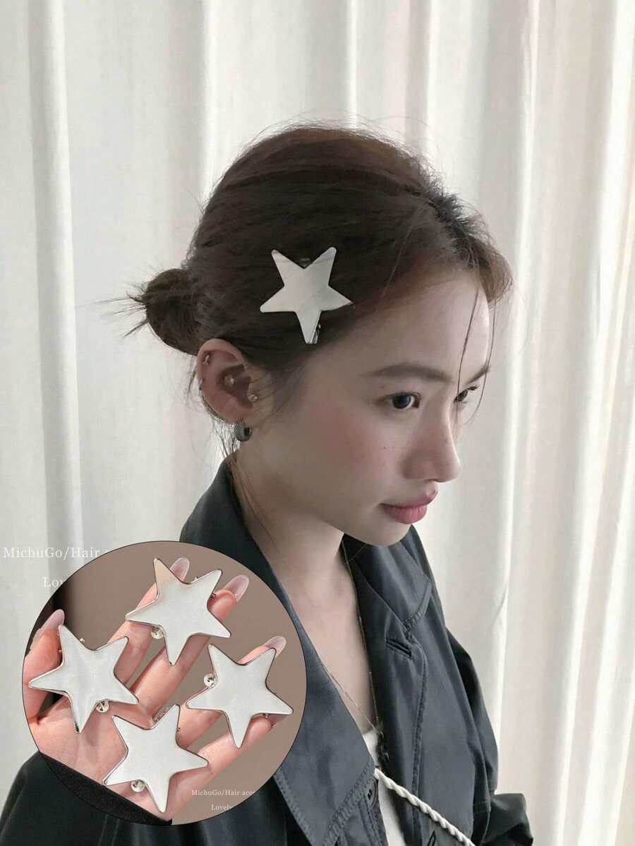 2/4pcs Korean Metal Star Hair Clips, Bangs/Side Clip, Sweet Y2K Hair Accessories,Hair Barrettes
