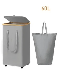 60L/65L/100L/110L 带盖带轮竹制洗衣篮 - 包含可拆卸洗衣袋、带手柄的可折叠脏衣篮、超大容量脏衣篮、可折叠布艺洗衣篮、家用洗衣收纳桶 - 彩色 - 查看 15