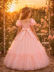 Beaded Sequin Puffy Princess Party Dress, Suitable For Young Girls, Birthday, Wedding, Formal Occasions - Pink - View 4