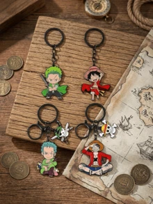 1/2pcs One Piece Luffy & Zoro Chibi Keychain, Anime Enamel Metal Key Ring With Skull Pendant, Cute Collectible Charm, Fan Backpack Bag Accessory - Multicolor - View 2