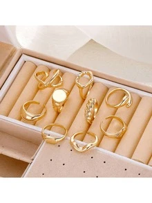 Juego de 9 anillos de aleación geométricos, con decoración hueca de estampado de palma, anillos de nudillos minimalistas para mujer, aptos para uso diario u ocasiones festivas - Dorado - Ver 7