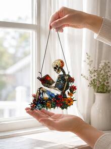 1pc Skull Solar Powered Window Hanging Decor, Floral Skull Reading Book Acrylic Pendant, Gothic Halloween Wall Decoration, Colorful Bohemian Witch Style Window Ornament, Spooky Home Room Porch Door Decor, Horror Fan Seasonal Gift, Garden Style Art Decoration - Style 1 - View 8