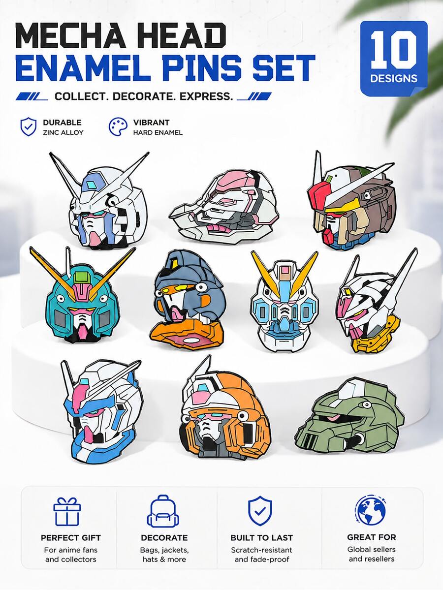 10pcs Gundam Enamel Brooch Set, Anime Robot Head Lapel Pin, Mobile Suit Gundam Metal Badge, Suitable For Backpacks And Jackets, Mecha Anime Fan Collection Gift - Multicolor - View 1