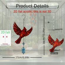 2D Flat Single Piece Red Bird Acrylic Wind Chime Lantern 6.69 X 13.39 Inches | Red Bird With Wings, Chain And Bell | Acrylic Outdoor Garden Yard Window Decor - Multicolor - View 3