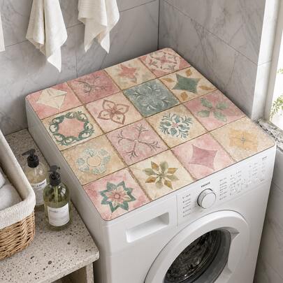 Retro Pink Green Floral Square Tile Washing Machine Cover Mat, Waterproof Anti-Dust Laundry Washer Countertop Pad For Bathroom & Balcony Home Decoration