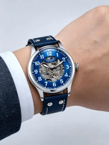 1 buah Jam Tangan Mekanik Otomatis Pria LONGLUX, Jam Tangan Pilot Vintage dengan Dial Berongga dan Tali Kulit Bercahaya, Cocok untuk Pemakaian Sehari-hari dan Hadiah Liburan - Biru - View 5