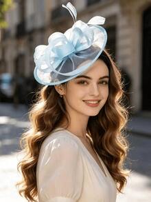 1pc Women's Light Blue Organza French Elegant Vintage Fascinator, Horse Racing Afternoon Tea, Wedding Dress Accessory, Suitable For Updo, Half-Up, Short Hair Styles, Luxurious Elegant Exquisite, Flexible To Wear - Baby Blue - View 3