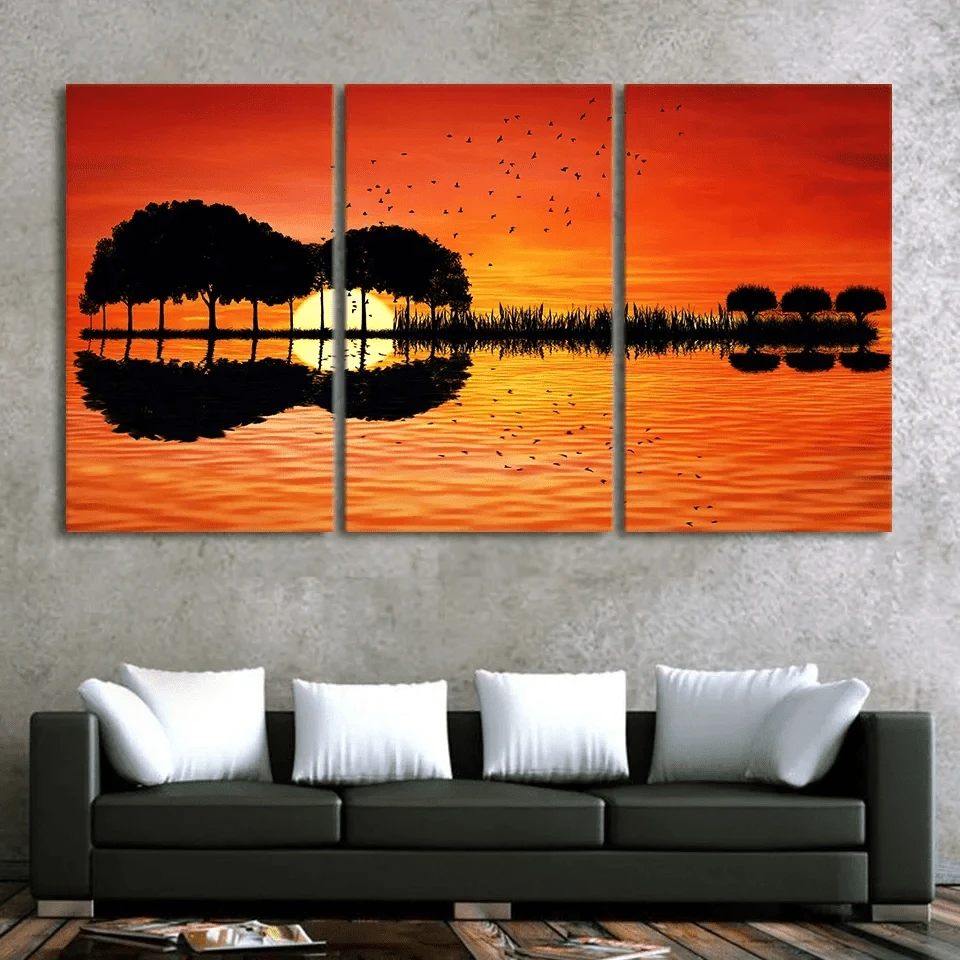 3 Panel Guitar Tree Lake Sunset Posters Wall Arts Posters Home Decor Posters Paintings Modern Living Room Bedroom Decoration Optional Framework - Multicolor - View 1