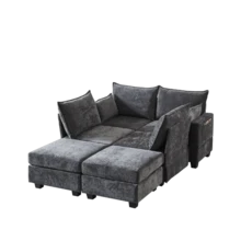 Canapé modulable en chenille, canapés d'angle pour le salon, canapé d'angle en U avec pouf de rangement, canapés d'angle 6 places avec méridienne - Gris - Voir 8
