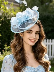 1pc Women's Light Blue Organza French Elegant Vintage Fascinator, Horse Racing Afternoon Tea, Wedding Dress Accessory, Suitable For Updo, Half-Up, Short Hair Styles, Luxurious Elegant Exquisite, Flexible To Wear - Baby Blue - View 5