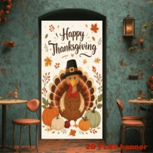 Bannière de fond 2D thème Thanksgiving avec drapeau, présentant des éléments décoratifs de dinde, citrouille et feuille d'érable d'automne. Fabriquée en matériau polyester, elle est facile à utiliser sans alimentation électrique. - 1 - Voir 4