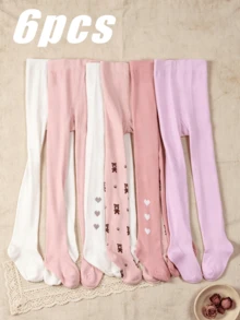 6 Pairs Girls' Knitted Tights, Cartoon Bear & Heart Pattern, Skin-Friendly & Breathable, Spring/Autumn Socks - Multicolor - View 11