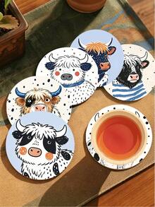1/6pcs Cute Highland Cow Print Wooden Coasters, Cartoon Spot Style Yak Art Drink Coaster Set, Heat Insulation Cup Mats For Coffee Table, Home Decor, Kitchen Bar, Party Table Protection, Non-Slip Beverage Coasters As Cow Lover Housewarming Gift - Multicolor - View 2