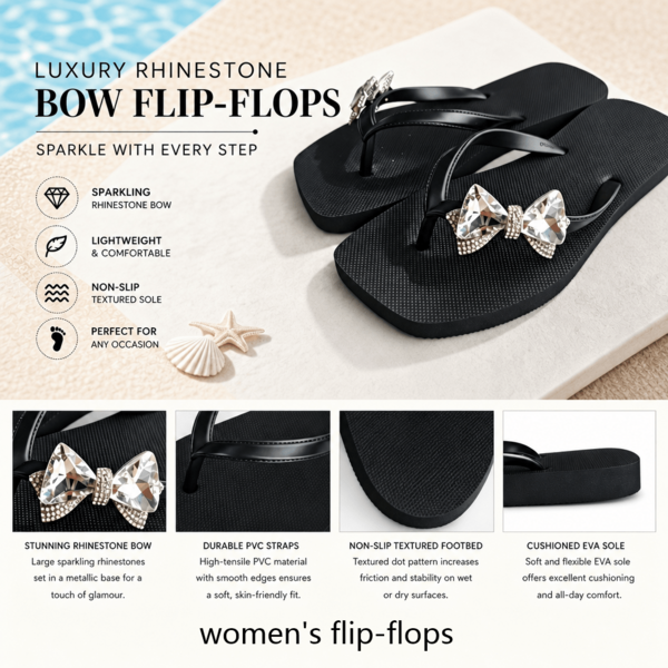 Women's Rhinestone Bow Flip Flops, Non-Slip Thick Sole Beach Slippers, Summer Comfortable Sandals For Vacation & Daily Wear
