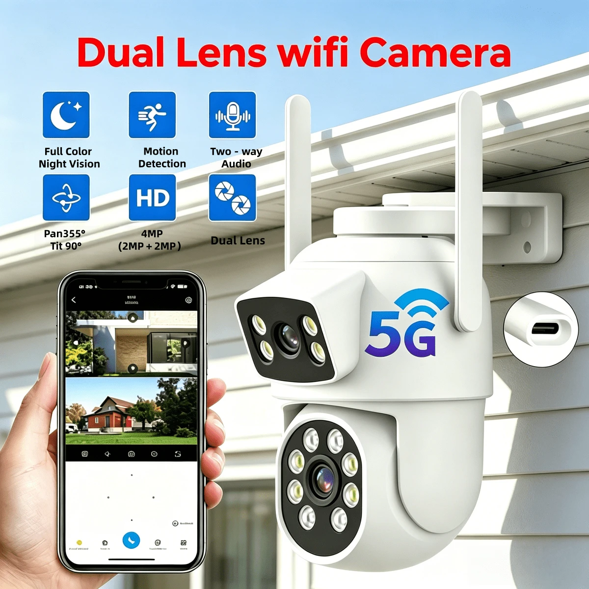 Camera an ninh ngoài trời thông minh không dây WiFi 2.4/5G, ống kính kép, hỗ trợ xoay nghiêng, kết nối với điện thoại di động, hệ thống giám sát toàn cảnh 355°, phát hiện người bằng AI, tầm nhìn ban đêm có màu, tự động theo dõi, chất lượng HD, điều khiển qua ứng dụng di động, thích hợp để bảo vệ tài sản, thiết kế thời trang, cấu trúc chắc chắn, tương thích với các thiết bị nhà thông minh, dành cho người đam mê công nghệ, camera theo dõi thông minh, camera giám sát video đường phố, camera giám sát gia đình, tuân thủ tiêu chuẩn ICSE.