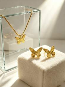 1/4 Set Fashion Stainless Steel Jewelry Set, Hypoallergenic Non-Fading Minimalist Vintage Women's Gift Jewelry - Gold - View 4
