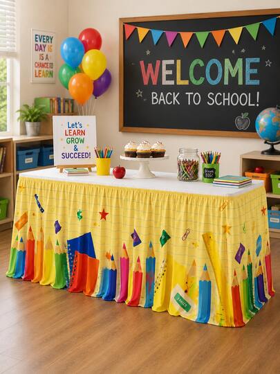 1 pieza Falda de mesa con patrón de regla de crayón de colores y borrador - Ideal para decoración del hogar, decoración de la habitación, decoración del dormitorio, jardín, cocina, decoración del aula del primer día de escuela & faldón de escritorio del maestro
