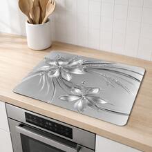 1pc/2pcs Diatomaceous Earth Silver Metallic Floral Rhinestone Stove Top Cover Mat, Non-Slip Heat-Resistant Waterproof Pad, Suitable For Kitchen Countertop And Washing Machine Surface - Multicolor - View 2