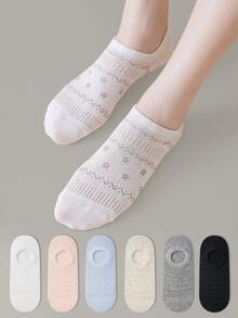 ZUJO 6雙女款短襪，花卉圖案，適合春、秋、夏季日常穿著，簡約舒適，隨機配色 - 彩色 - 查看 2