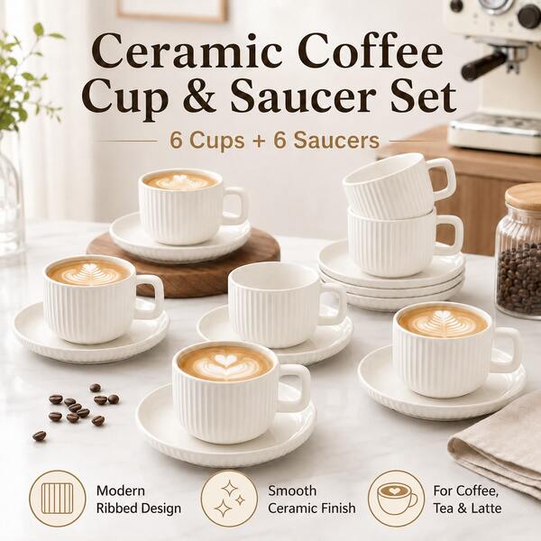 1/6 Sets, 6 Tazas + 6 Platillos 90ml Juego de Tazas de Café de Cerámica, Taza y Platillo Redondo con Rayas Blancas Estilo Nórdico Minimalista, Juego de Tazas de Té Latte Espresso de Porcelana Suave y Brillante, Adecuado para Cocina, Cafetería, Boda, Fiesta y Uso Diario