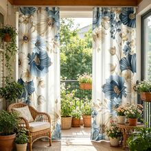 2pcs Elegant Floral Pattern White, Blue And Green 2D Flat Print Curtains. Rod Pocket Design, Semi-Transparent Polyester Curtains Suitable For Decorating Your Living Room, Bedroom, Office Or Kitchen - Multicolor - View 2