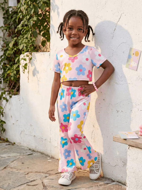 Girls' Colorful Floral Print Short Top + Flared Pants 2pcs Set, Children's Casual Outfit, Perfect For Young Girl' Gifts