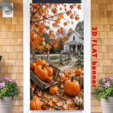 2D Planar Flag, Autumn Rural Harvest Theme, Featuring Elements Of Pumpkins, Red Maple Leaves And Rural Cottages. It Can Be Used Without Power Supply And Is Convenient For Both Indoor And Outdoor Autumn-Themed Use. - 1 - View 2