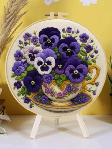 1pc Complete Embroidery Kit 20x20cm/7.9in 8 Patterns: Lilac, Daisy & Cornflower, Pansy, Balcony Succulents & Plant Stand Floral & Green Theme Suitable For Adult Beginners Includes Fabric, Instructions, Embroidery Hoop, Needle & Thread Perfect Gift Home/Office Art - A - View 6