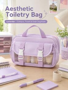 Double Button Layered Pencil Case/Storage Bag, Beige Plaid Toast Shaped Handbag, Fashionable Multi-Functional Stationery Storage Bag, Back To School Essential For Students - Multicolor - View 1