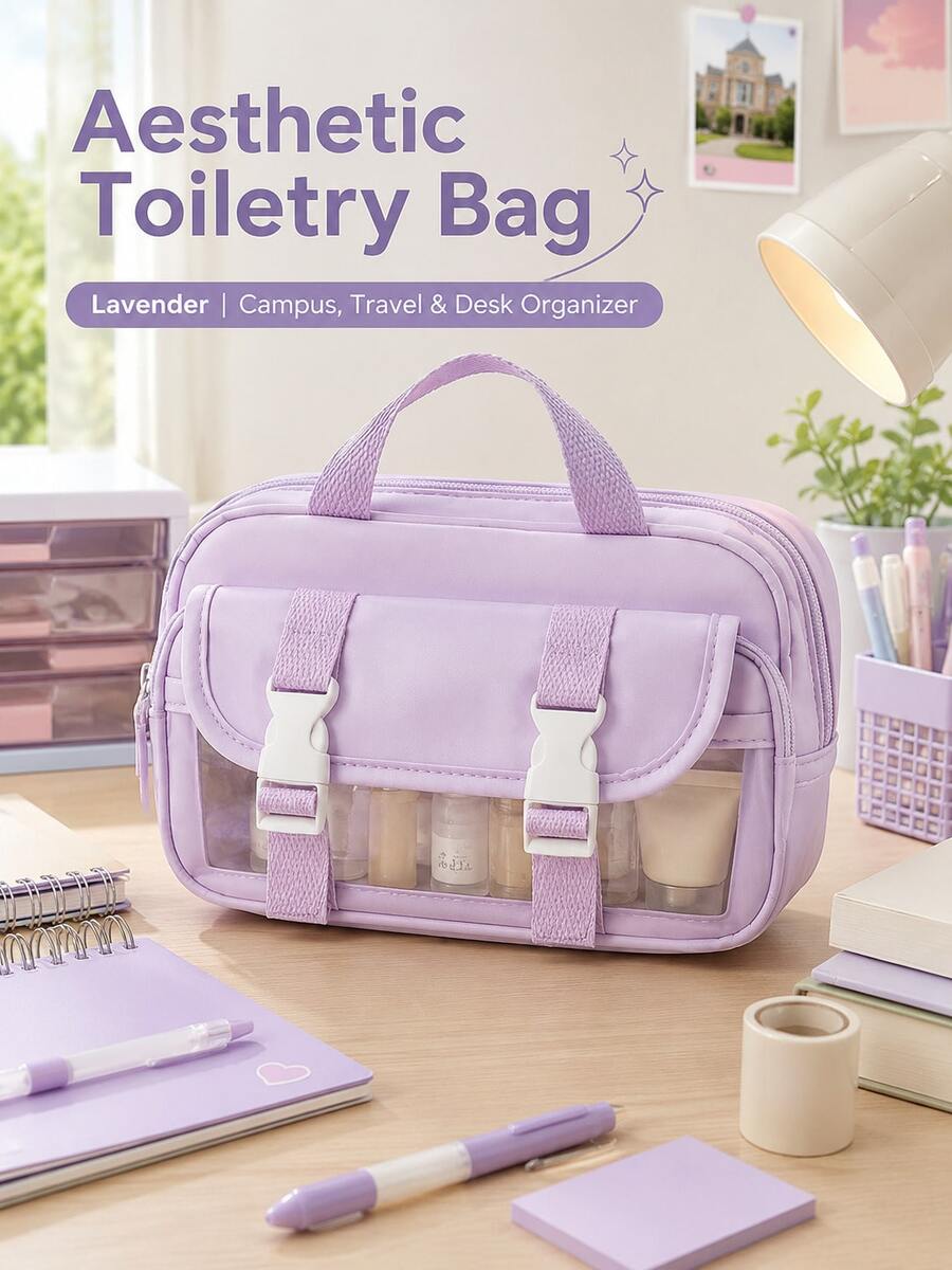 Double Button Layered Pencil Case/Storage Bag, Beige Plaid Toast Shaped Handbag, Fashionable Multi-Functional Stationery Storage Bag, Back To School Essential For Students - Multicolor - View 1