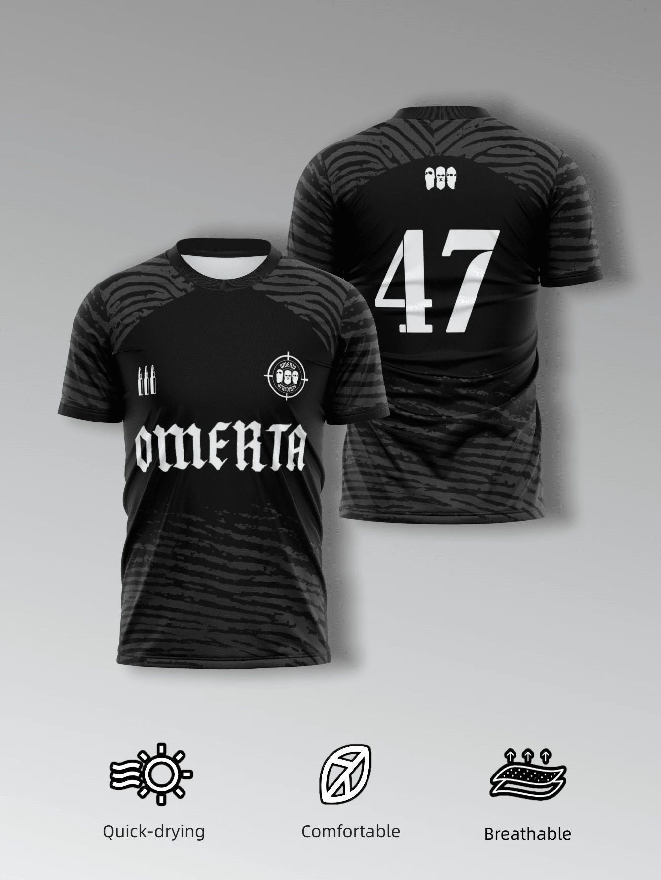 KOVSEE 男士黑色 OMERTA 拳击服 - 速干透气面料,47 码。球迷版训练上衣,适合足球、健身和休闲穿着。夏季运动 - 黑色 - 查看 1