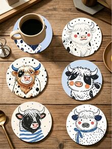 1/6pcs Cute Highland Cow Print Wooden Coasters, Cartoon Spot Style Yak Art Drink Coaster Set, Heat Insulation Cup Mats For Coffee Table, Home Decor, Kitchen Bar, Party Table Protection, Non-Slip Beverage Coasters As Cow Lover Housewarming Gift - Multicolor - View 5