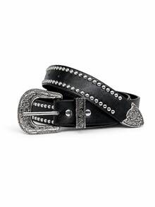 1 Stück Damen einfarbiger PU-Leder lässiger retro süßer Street Party Western Stil Nieten Gürtel, geeignet für alle Jahreszeiten - Schwarz - Übersicht 6
