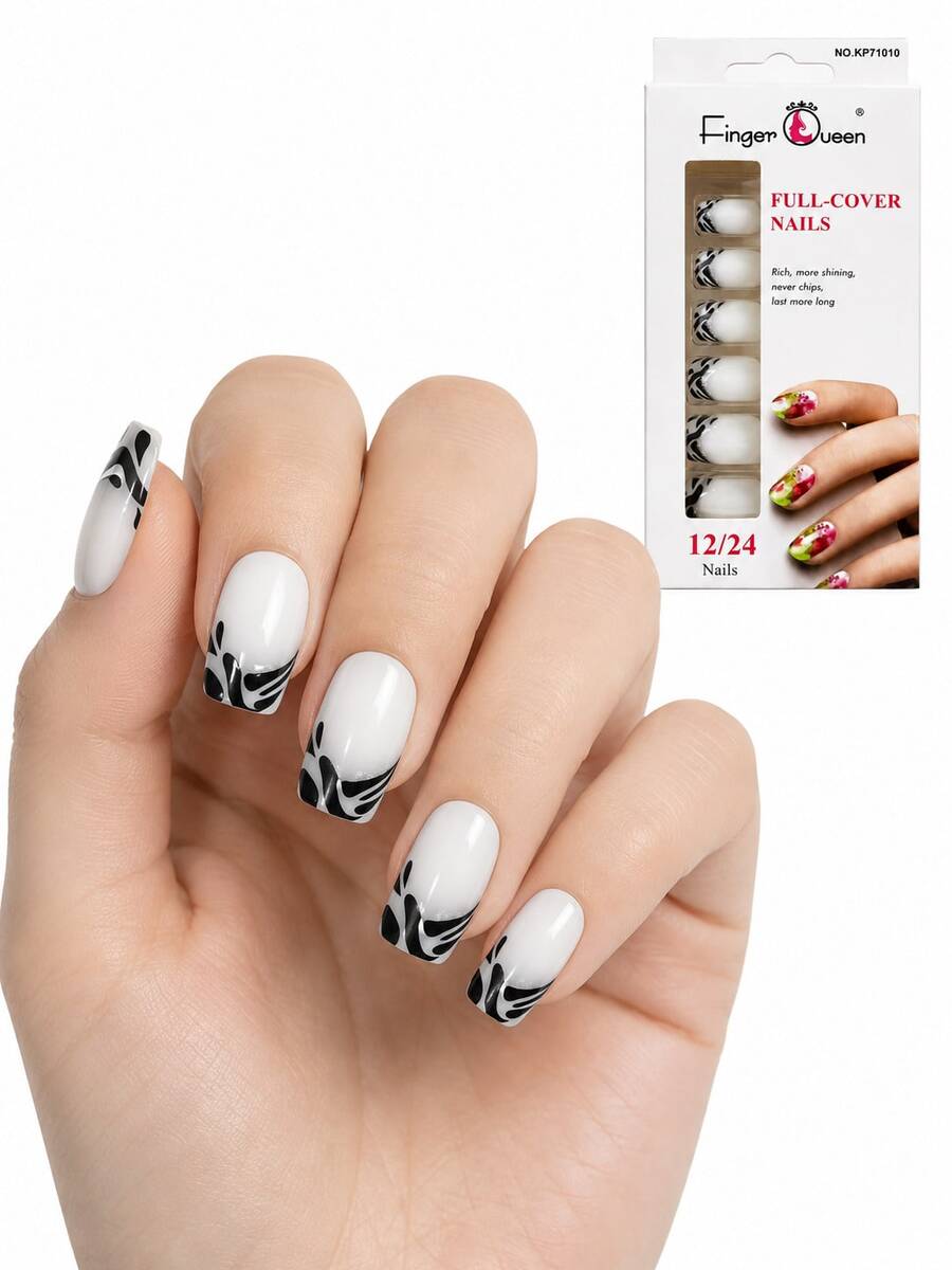 Finger Queen Unhas Postiças Zebra Preta Quadradas Curtas 24pcs